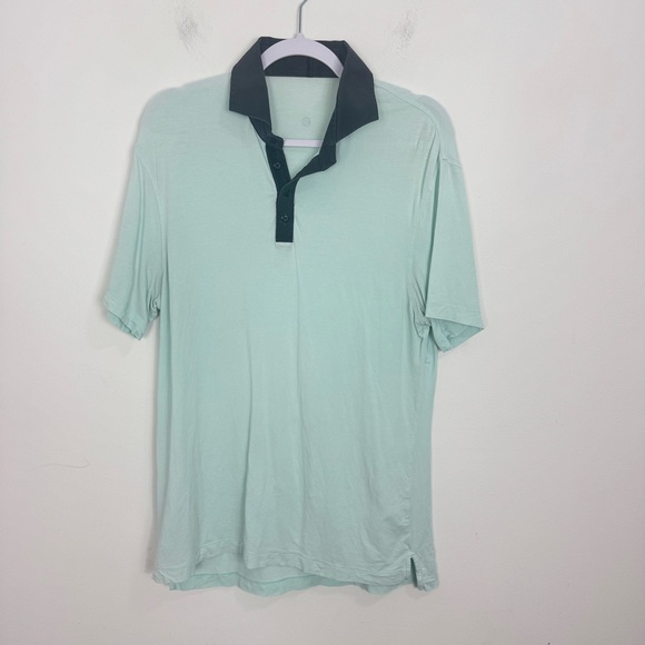 LULULEMON Light Blue Gray Trim Short Sleeve Polo Shirts Size Medium - Picture 2 of 7